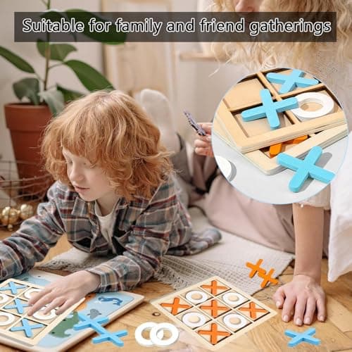 2 Pcs Noughts and Crosses Game,Funny Wooden Tic Tac Toe Game,Portable Travel Size Classic XO Chess Board Game for Kids Adults Indoor Game(Orange and White, Blue and White) — view 6