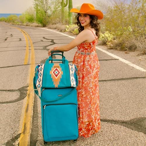 Wrangler Duffel Bag for Women Travel Weekender Bag Designer Carry On Bags, Canvas Cotton-Aztec Turquoise, 18.2" x 6.8" x 16.2" — view 3