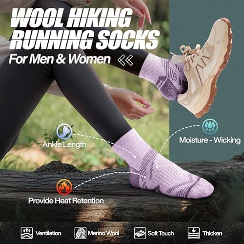 ANTSANG 6 Pairs Merino Wool Quarter Socks Running Walking Hiking Compression Support Breathable Thermal Warm Thick Cushion Ankle Unisex Socks for Women Men(3-7, Pink-Purple Series) — view 2