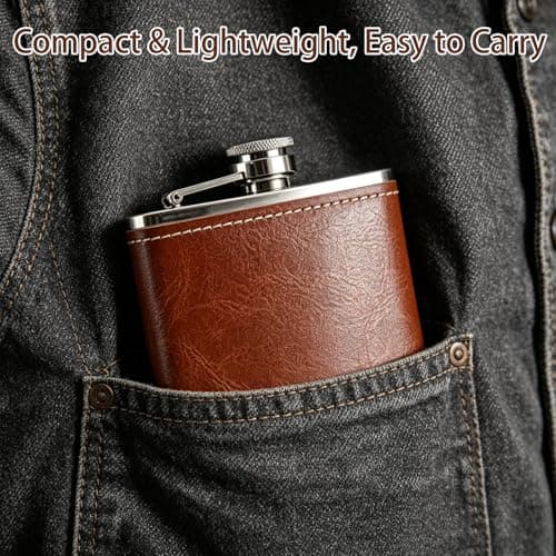 Stainless Steel Hip Flask, 8 oz Flask Alcohol Leak-Proof Portable Pocket Whisky Flasks with Brown Leather Surface for Men & Women Camping, Climbing, Travel and Gifting — view 5