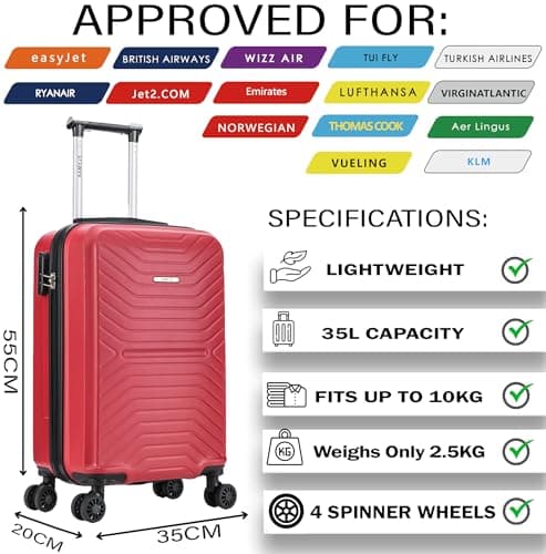 55x35x20 Cabin Suitcase Carry on Suitcase Hard Shell Hand Luggage Cabin Bag Case Approved For Ryanair EasyJet 2 Small Fits 8kg 10kg 35 Litre Capacity + 3 Digit Lock + Telescopic Handle Cabin Luggage — view 2
