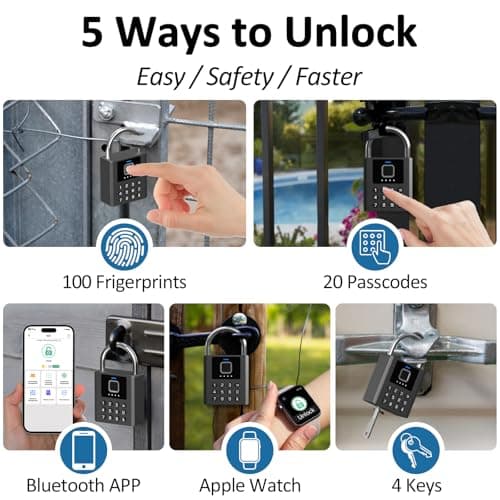Eseesmart Fingerprint Locker Padlock - Smart Padlock with Key, Biometric Combo Lock with Padlock Bluetooth APP, Waterproof for Storage Unit Outdoor Fence Gate Shed Gym School Locker — view 2