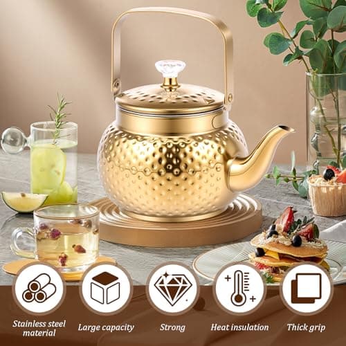 1.5/2 Litre Gold Hammered Tea Kettle Stainless Steel Coffee Pot Loose Leaf Teapot with Strainer Stovetop Tea Kettle Outdoor Camping Travel Supplies Gift for Women(2L) — view 3
