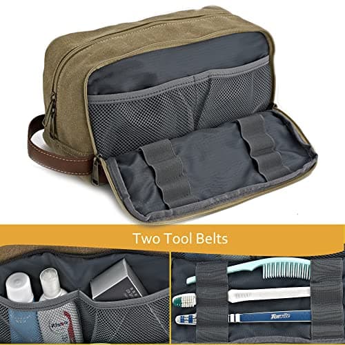 Seemeroad Travel Toiletry Bag for Men and Women, Canvas Toiletry Organizer Water-Resistant Vegan Leather, Hanging Dopp Kit Shaving Bag for Toiletries Accessories (Khaki, Large) — view 2