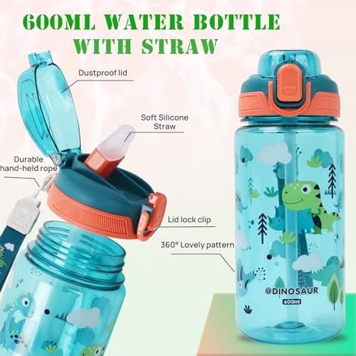 SENBSLAN Kids Water Bottles With Straw,600ml Drinks Bottle for School,Leakproof Children's Bottle BPA free Sport Bottle for Girls Boys (Purple-Unicorn) — view 3