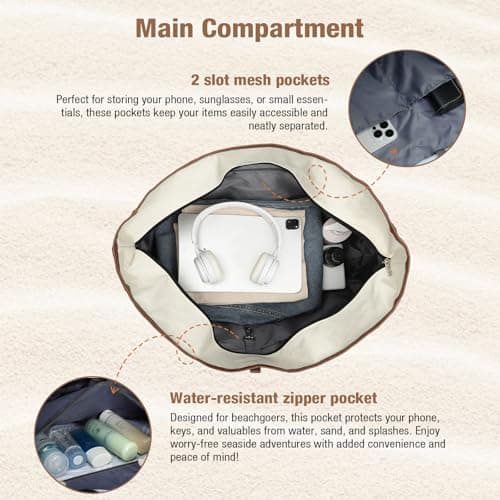 Lekespring Waterproof Beach Bag for Women - Tote Bags with Zip and Pocket, Fldable Travel Shoulder Bag with Shoe Compartment, Enhanced with Bottom Elastic Strap (Beige) — view 5