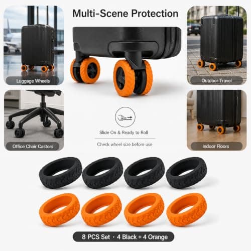 Oiieco Luggage Wheel Protectors, 8 PCS Silicone Wheel Covers for Suitcases, 50-60mm Spinner Wheels, Anti-Noise Shock Absorbing Caster Covers, Black & Orange — view 6