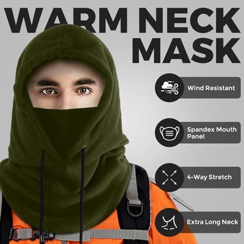 AURUZA Balaclava Winter Hat Thermal Face Mask Snood Hood Hat Neck Warmer, Windproof Ski Mask for Winter Outdoor Sports (Army Green, M) — view 2