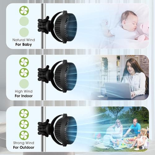 POPERFUN Pram Fan, Rechargeable 3-Speed Clip On Fan, Black — view 6