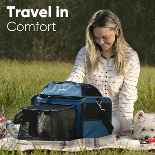 FUKUMARU Expandable Cat Carrier, 45x28x28cm Soft Cat Travel Carrier, Ventilate Airline Approved Dog Carrier, Durable Small Dog Carrier with Anti-Scratch Mesh, Escape-Proof Pet Carrier for Cat, Blue — view 5