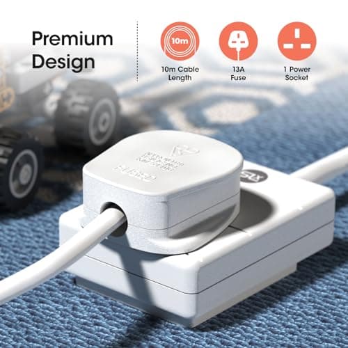 SLx Extension Lead 10m 1 Way Single Socket 13A UK Plug 3 Pin Mains Power Extension Cord Compact Travel Power Strip White — view 5