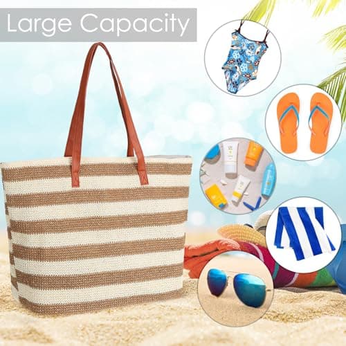 Chuboir Large Straw Shopping Tote Bags, Reusable Eco Grocery Tote Bags with Zipper, Bohemian Woven Beach Bag for Women Daily Shopping Travel Gym Holiday Picnic — view 6