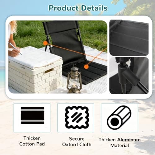Xiyingcai Ultra Lightweight Folding Floor Chair, Portable Beach Floor Chair with Back Support & Thickened Pad, Low Beach Chair for Travel Camping BBQ, Black — view 3