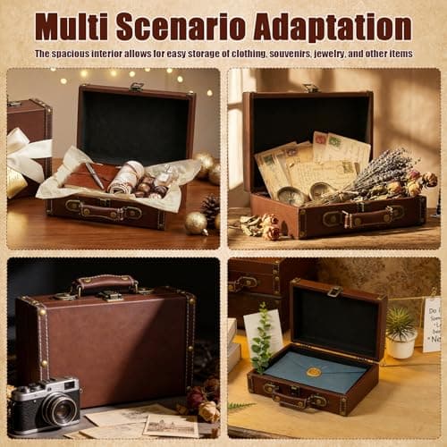 Zhjiutak Vintage Leather Suitcase, 23×16×7cm Retro Leather Trunk Luggage,Decorative Prop Luggage Portable Wooden Storage Carrying Case PU Leathers Storage Box for Storing Clothes Jewelry(small) — view 4