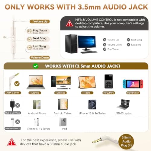 Wired Headphones with Mic, Over-Ear 3.5mm Corded Headphone for School Beige — view 3