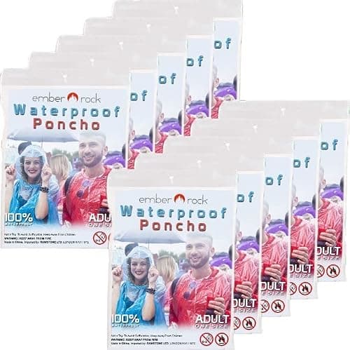 Ember Rock Disposable Rain Poncho - 12 Pack Waterproof Emergency Raincoats - Hood & Sleeves - Men & Women (UK, Alpha, One Size, Regular, Regular, 12 Pack) — view 6