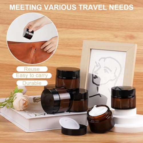 HOTUT 50ml Amber Glass Jars, 6 Pack Empty Cosmetic Jars with Lids and Inner Liners, Brown Travel Cosmetic Containers, Empty Glass Pots for Toiletries, Cosmetics, Powder, Lotion, Creams, Travel Use — view 5