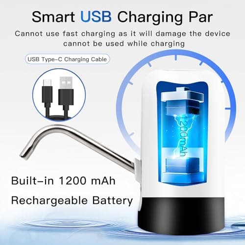 EASYSPEED Water Bottle Pump with 2 Adapters, Portable USB Automatic Water Dispenser Fountain, Electric Drinking Pump for 2-5 Gallon Water Bottle,White — view 6