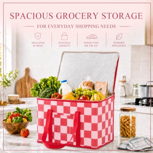 Ohocut Checkered Cooler Bag, Large 40L Foldable Insulated Grocery Shopping Bag, Checkerboard Cool Insulated Food Delivery Bag for Picnic, Camping, Travel (Double Pink) — view 2