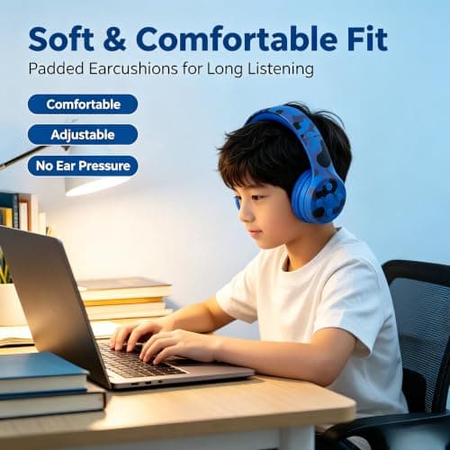 YUSONIC Camo wireless Headphones, Headphone bluetooth camouflage, Headphones for Kids toddler teenger Cell Phones TV Tablet School network Office uses (camo blue) — view 6