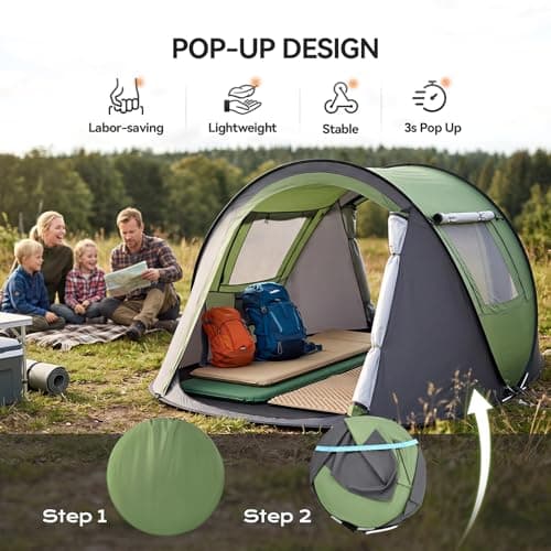 Warmiehomy Pop Up Tent 2-3 Man, Instant Family Camping Tent, Green — view 3