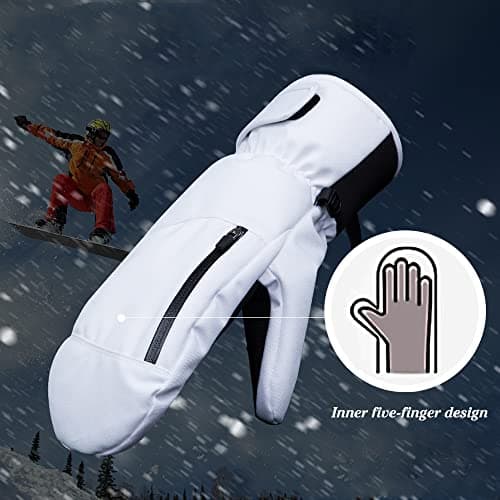 Bseical Ski Mittens Women Waterproof, Golf Mitts Men, Gloves Ladies, Thermal Touch Screen, Cotton Winter Touchscreen Unisex With Zip Pocket Sport Cycling Mtb Running Extra Warm (M, White) — view 2