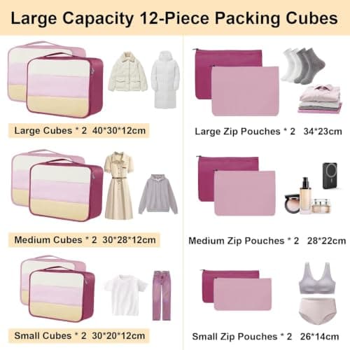 12 Piece Packing Cubes, Multi Coloured Packing Cubes for Suitcases, Mesh & Flat Zip Bags, Large Medium Small Sizes, Lightweight Travel Cubes for Luggage Storage (12, Burgundy Pink) — view 2