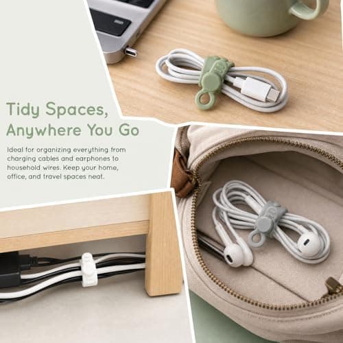 12 Pcs Reusable Silicone Cable Ties, Elastic Adjustable Buckle Design Cable Tidy Straps, Solid Color Portable Wire Organiser for Phone Charger Earphone Data Cables Home Office Travel — view 5