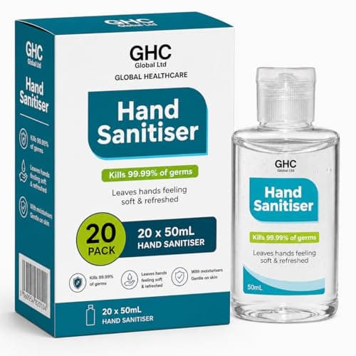 GHC Global Health Care Hand Sanitiser Gel (Pick Any Size) - 75% Alcohol Antibacterial Hand Gel for Travel, School, Office & Everyday Hygiene - Quick Dry Pocket Sanitiser (50ML, Pack of 20)