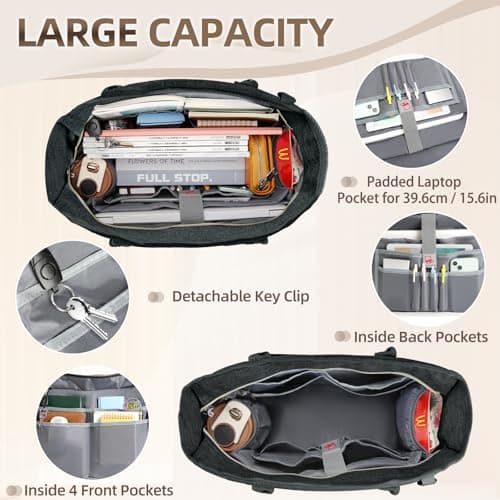 RAINSMORE Laptop Tote Bags for Women 15.6 inch Teacher Bag Large Nurse Utility Bag Computer Messenger Briefcase with Insulated Pocket for Work School Office Business University Dark Grey — view 3