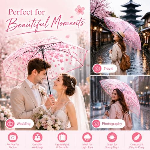 VIPOPICO Clear Umbrella for Women – Manual Open/Close Foldable Compact Travel Umbrella with Frosted Handle | Transparent See-Through Dome | Ideal for Weddings, Bridal Events & Daily Use(1, Pink) — view 2