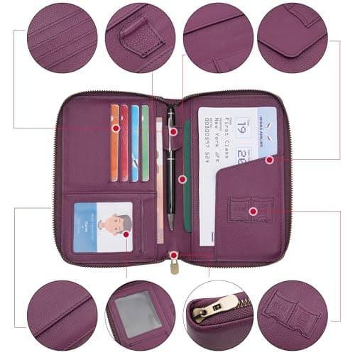 WASON Leather Zipper Travel Passport Wallet Holder RFID Blocking Cover, Passport case Pocket Slot for Card, Cash, ID, Boarding Pass and Ticket for Men, Women and Family Trips (Purple) — view 4