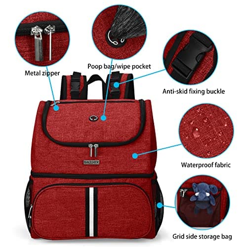 BAGLHER Dog Pet Travel Bag, Double-Layer Pet Supplies Backpack (for All Pet Travel Supplies), Pet Travel Backpack with 2 Silicone Collapsible Bowls, 2 Food Baskets, Pet Accessories Red — view 4