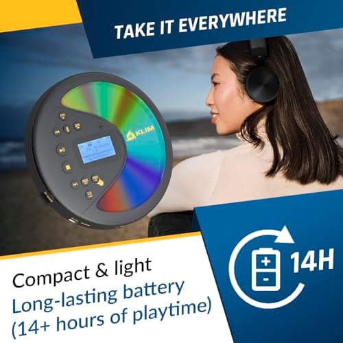 KLIM Discover with Headphones - Portable CD Player with Long-Lasting Battery - New - Radio FM - Compatible MP3 CD Player Portable - SD Card, FM Transmitter, Bluetooth - Ideal for Cars - Black/Gold — view 4