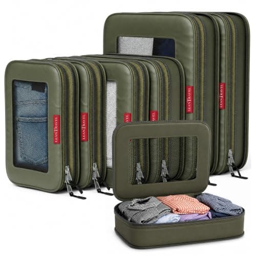 LeanTravel Premium Compression Packing Cubes for Travel - Suitcase Organizer Bags with Double Zipper & Breathable Mesh Panel - Space Saving Carry On Luggage Essentials (6-Pack, Olive Green)