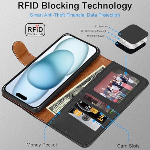 iCatchy for iPhone 15 Case 6.1 Inch, PU Leather Wallet Flip Case with Card Slots, RFID Blocking, Magnetic Closure, Stand, Full Body Protective Folio Cover (Black) — view 2