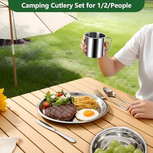 MYHOGOOD Camping Cutlery Set,Stainless Steel Tableware Mess Kit with Plates Cups Forks Spoons Knives,8 in 1 Flatware Dinnerware Utensils Set with Mesh Bag for Outdoor Camping Hiking Picnic(1, Silver) — view 5