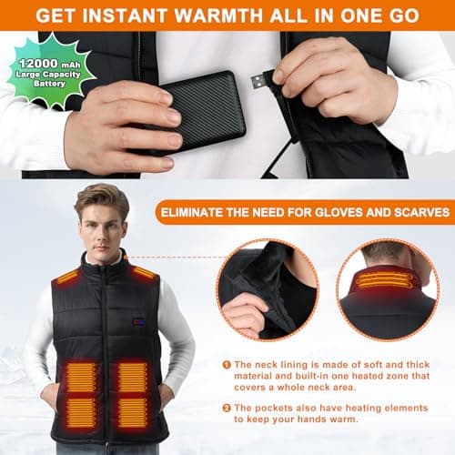 BIAL Men's Heated Vest, Men Heated Gilet with 15 Heating Zones, Winter heated body warmer jacket with 12000mAh Battery Pack for Outdoor Sking Hunting Hiking Camping — view 6
