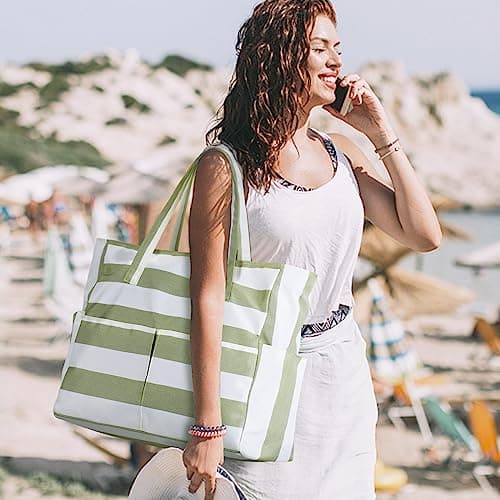 oscaurt Beach Bags for Women, Waterproof Beach Bag with 9 Pockets Large Capactiy Tote Bag with Zip Holiday Essentials for Women — view 3