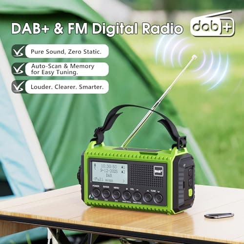 ROCAM Wind Up Solar Radio, DAB/FM Radio with 5000mAh Rechargeable Power Bank, Solar Panel/USB/Hand Crank Charger, Battery Radio Portable, SOS Alarm & Flashlight for Camping Hiking Emergencies (Green) — view 2