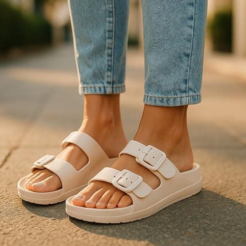 VIVASHOES Women’s Double Buckle EVA Sandals – Lightweight Waterproof Adjustable Slides with Arch Support for Summer, Beach, Pool & Daily Wear – True to Size Good for Wide Fit – Cream 6 — view 3