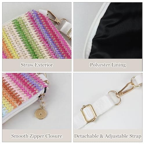FuninCrea Rainbow Women’s Straw Crossbody Bag with Detachable Strap and Zipper, Lightweight Small Shoulder Bag Straw Bag for Summer Beach Daily (Color 1) — view 5