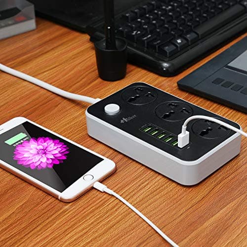 Hulker Extension Lead with USB Ports 3 Way Outlets 6 USB Ports Surge Protection UK Socket with Bold Extension Cord with Fuse and Shutter Power Strips Universal Socket, Black and Grey — view 6