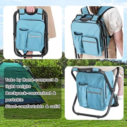Kikerike Backpack Stool Cooler Chair Heavy Duty 300 LBS Max Load Portable Lightweight Folding Fishing Cooler for Camping Hunting Fishing - Sky Blue — view 4