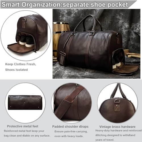 Yevabo Genuine Leather Duffel Bag for Men & Women, Cabin Friendly Carry-On Weekender Bag for Gym Travel Overnight Trips, Brown — view 4