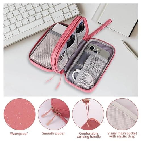Yilnlg Cable Organiser Bag, Double Layer Electronics Accessories Organiser Bag, Travel Accessories Bag Organiser for Cables for Charging Cable Flash Drive SD Card Power Bank USB Pink — view 5