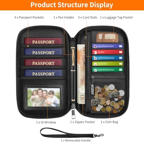 JUNDUN Fireproof Family Passport Holder Travel Wallet for 4 with RFID — view 3