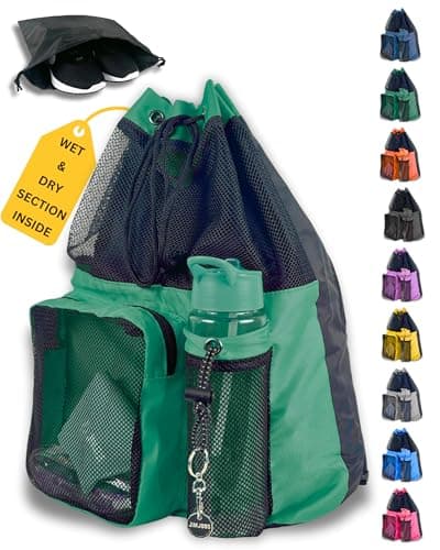 JIMJOOS Drawstring Mesh Swimming Bag - 25L Waterproof Swim Bag with Wet/Dry Compartment, Multifunctional Sports Backpack for Kids, Adults, Swimming, Surfing, Beach, Gym (Green)