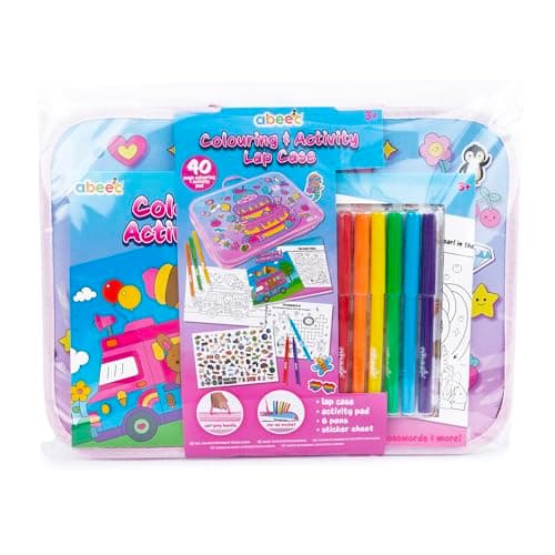 abeec Colouring & Activity Lap Case Pink | Portable Travel Art Set for Girls | 40 Page Colouring Pad, 6 Felt Tip Pens, Over 100 Stickers | Fun Lap Tray for Holidays, Homework & Road Trips — view 6