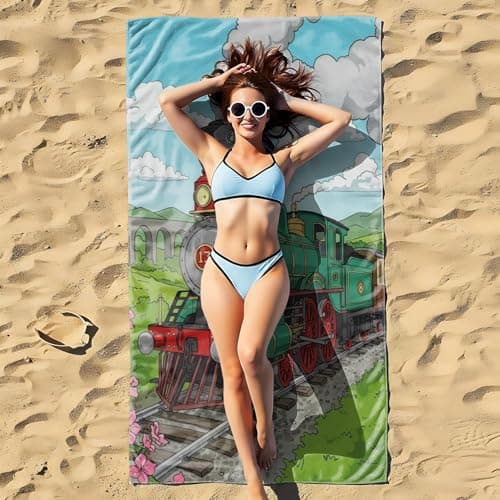 Vintage Train Travel Poster Beach Towel Retro Railroad Gifts for Train Lover Microfiber Sand Free Quick Dry Travel Bath Towel (style4,130cm x 80cm) — view 4